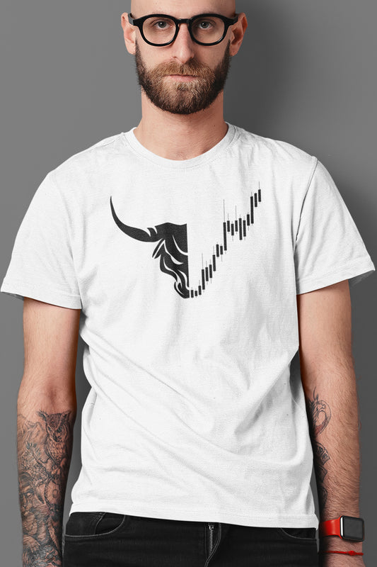 Front view of minimalist Crypto Trader T-Shirt with bull chart design