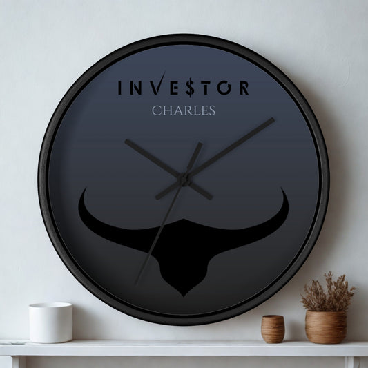 Front view of personalized investor wall clock with wooden frame