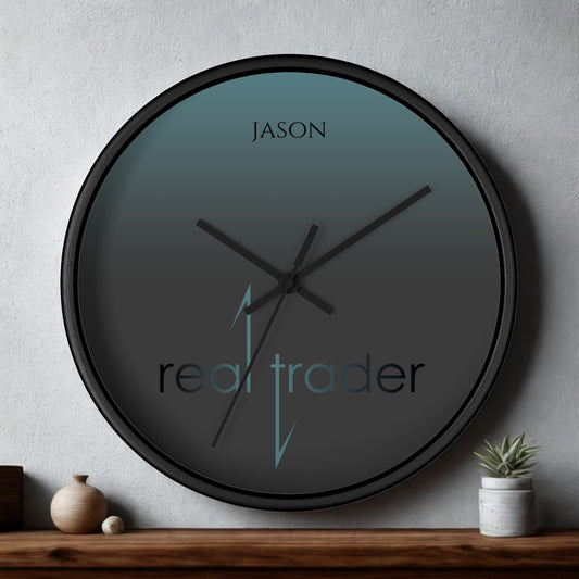 Front view of personalized trader wall clock with wooden frame