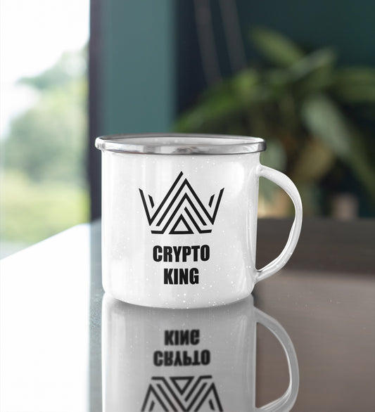Elegant investor desk aesthetic featuring a bold Crypto King coffee mug, designed for financial professionals who value power, focus, and refined style