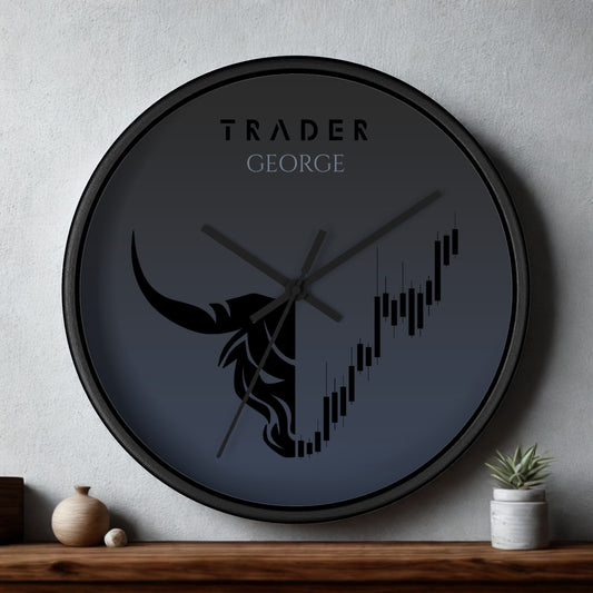 Front-facing black frame forex and crypto trader wall clock with custom name option, clean modern layout and silent movement, designed for professional traders who want personalized financial wall decor with a strong investor identity.