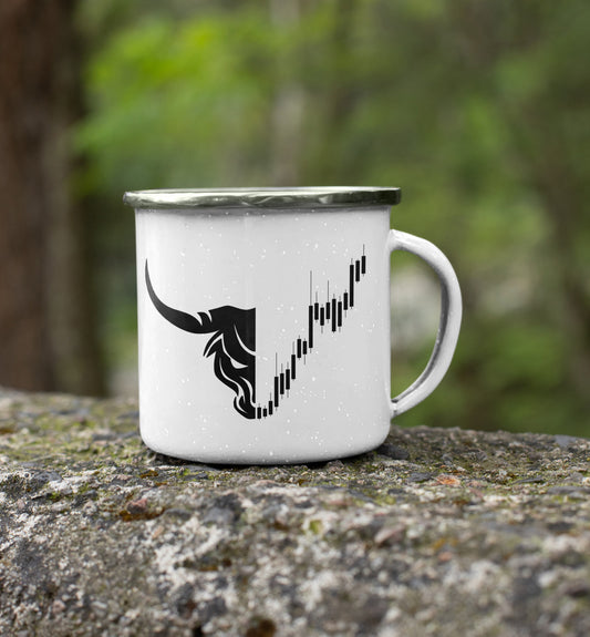 Stock trading metal mug with bull chart illustration