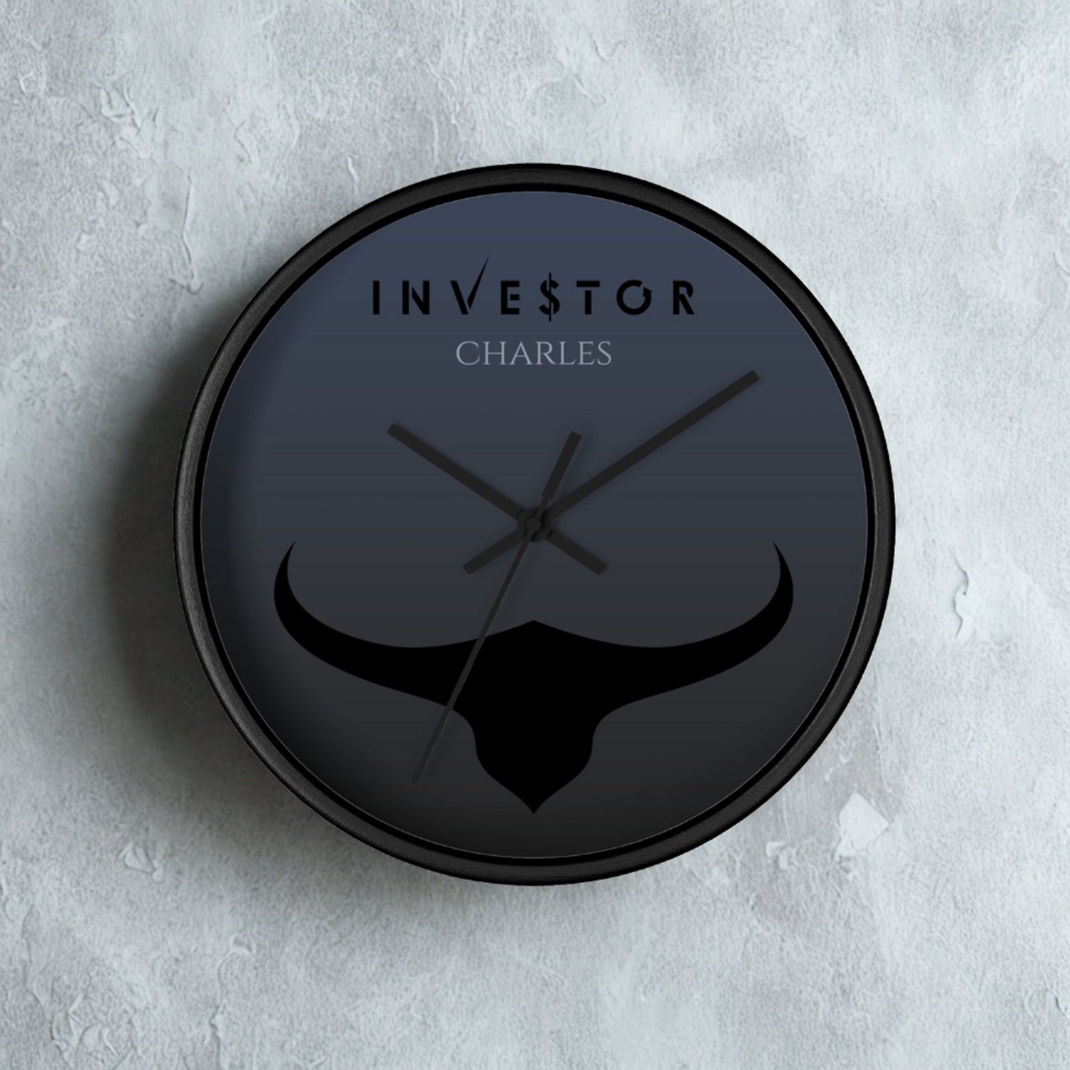 Close-up of custom name and wooden frame on stock market clock