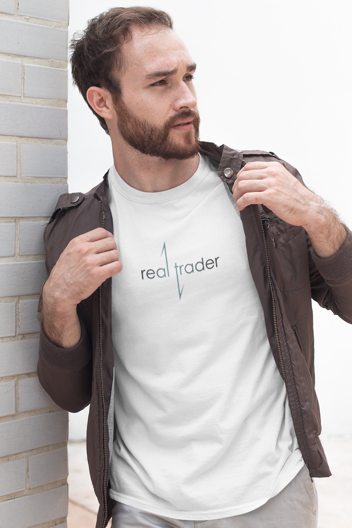 Model wearing Modern Trader tee for crypto and forex professionals