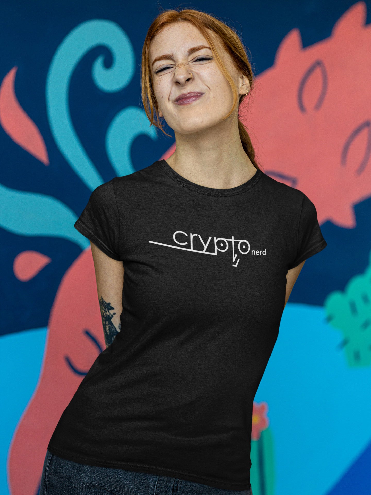 Model wearing funny crypto-themed T-shirt for traders