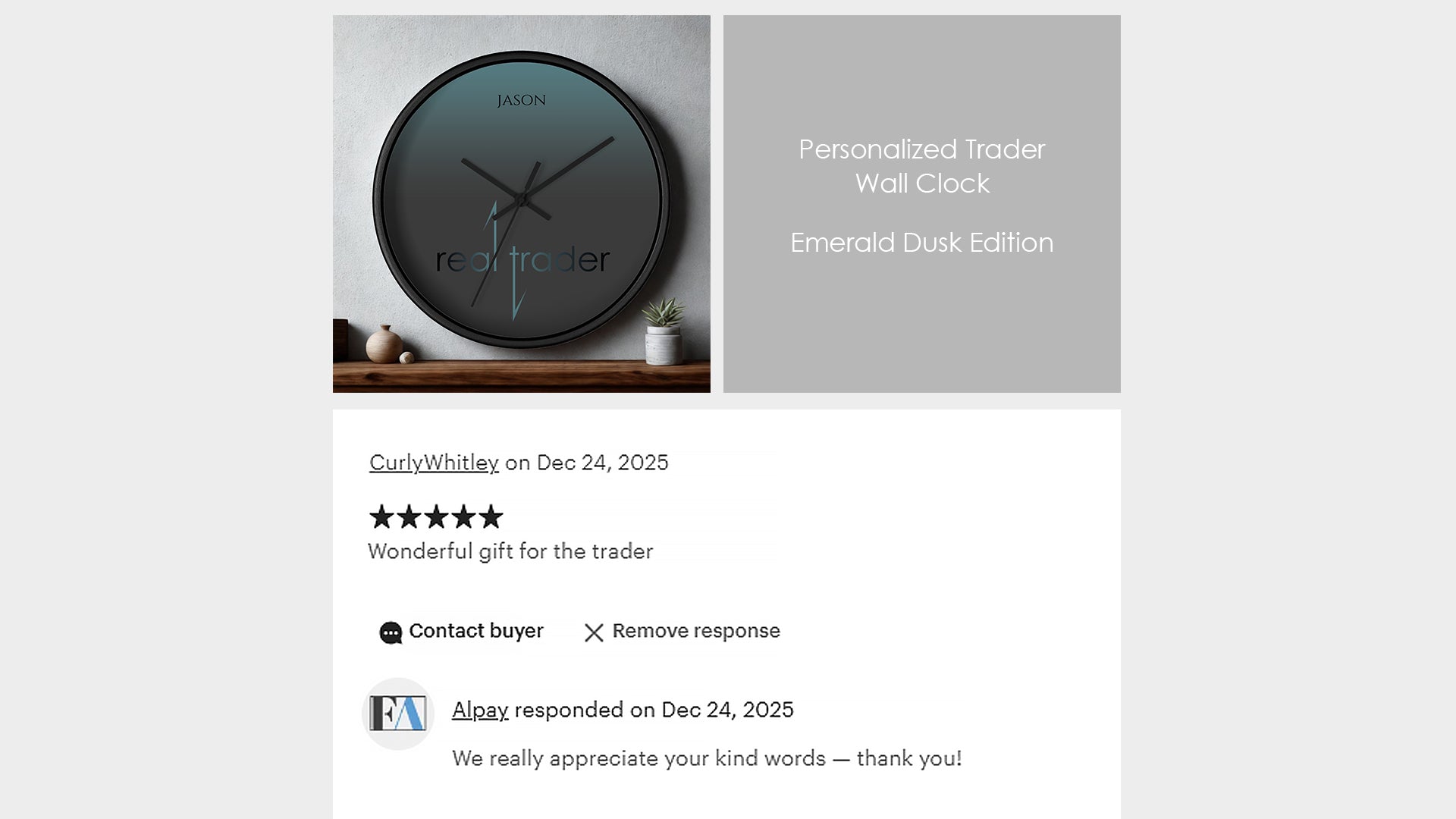 Five-star rated personalized green trader wall clock designed for professional traders and investors. This custom wall clock features a modern green color palette with personalized text, making it a standout decor piece for trading rooms, home offices, and investor workspaces. Highly rated by customers, it is an ideal personalized gift for stock market and crypto traders seeking premium trading room decor.