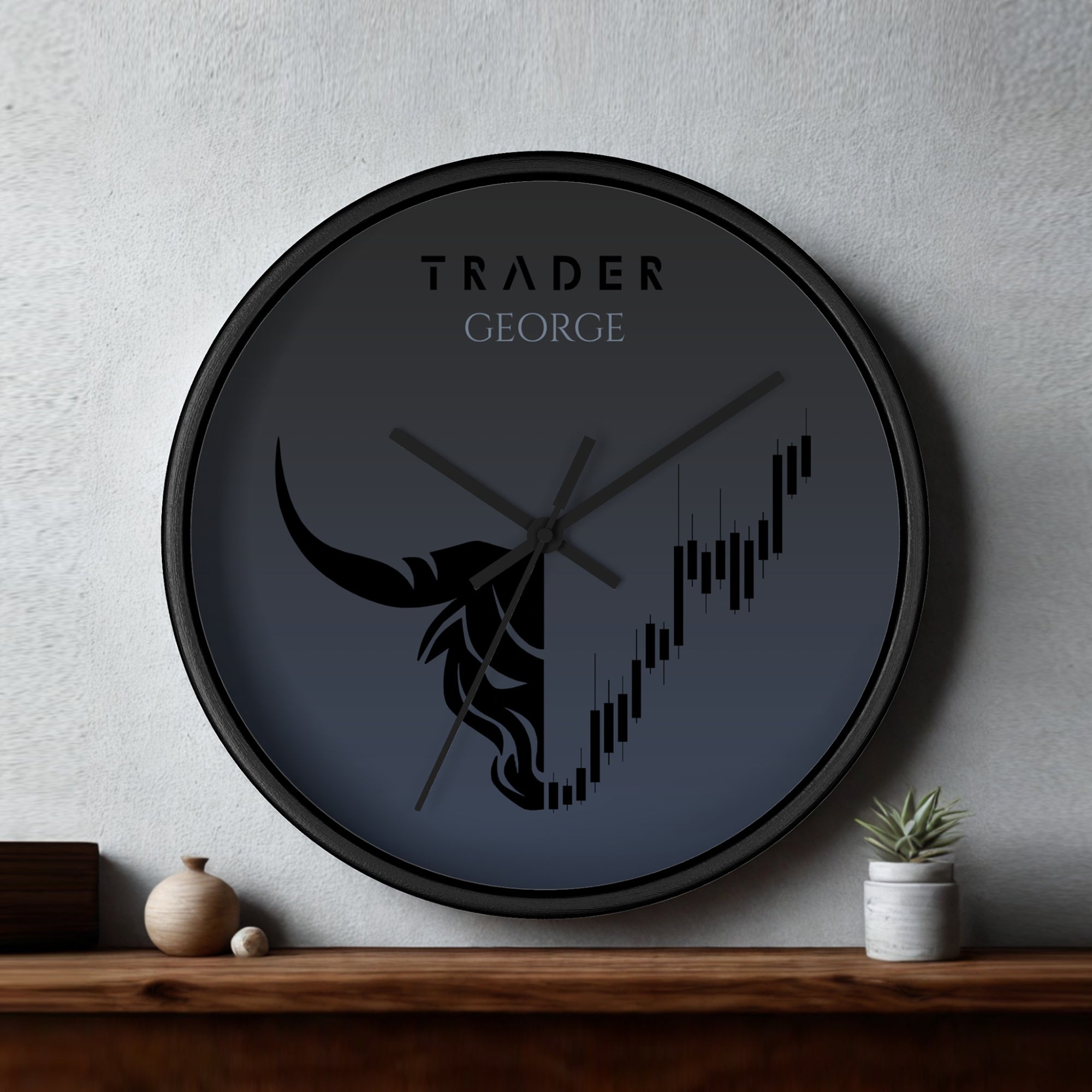Personalized trader wall clock designed for stock market and crypto investors who value a professional trading mindset. This custom wall clock features personalized text and a minimalist design, making it a perfect wall decor for home offices, trading rooms, and modern workspaces. Ideal as a unique gift for traders, investors, and finance enthusiasts looking for premium personalized trading room decor.